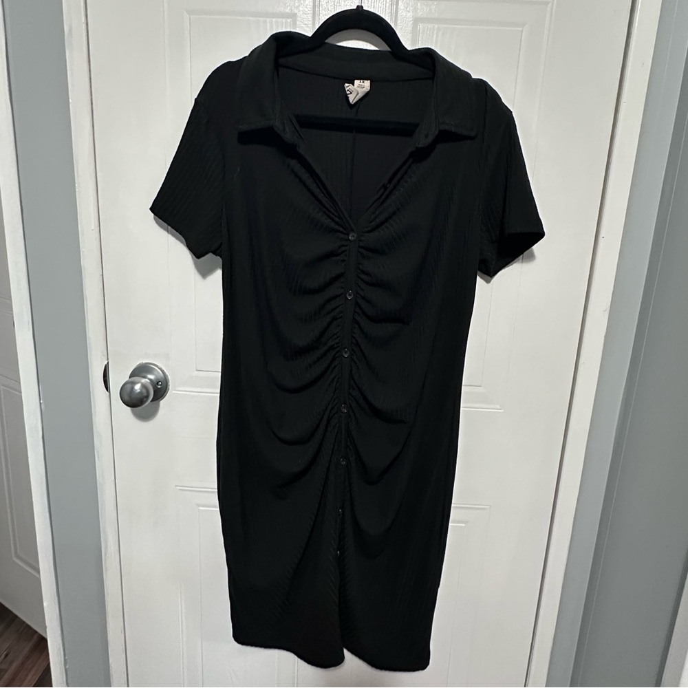 Black Ruched Button-Up Dress